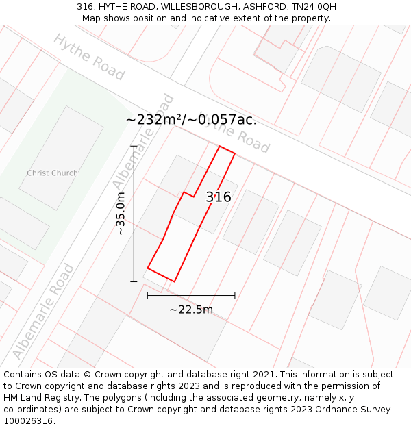 316, HYTHE ROAD, WILLESBOROUGH, ASHFORD, TN24 0QH: Plot and title map