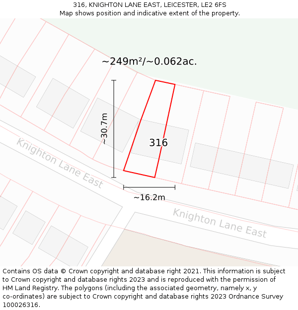 316, KNIGHTON LANE EAST, LEICESTER, LE2 6FS: Plot and title map