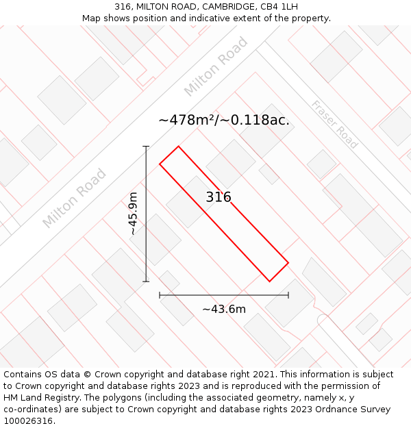 316, MILTON ROAD, CAMBRIDGE, CB4 1LH: Plot and title map