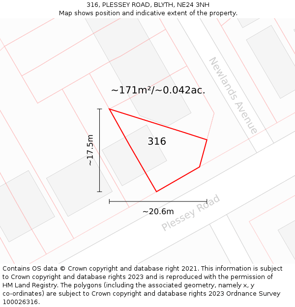 316, PLESSEY ROAD, BLYTH, NE24 3NH: Plot and title map