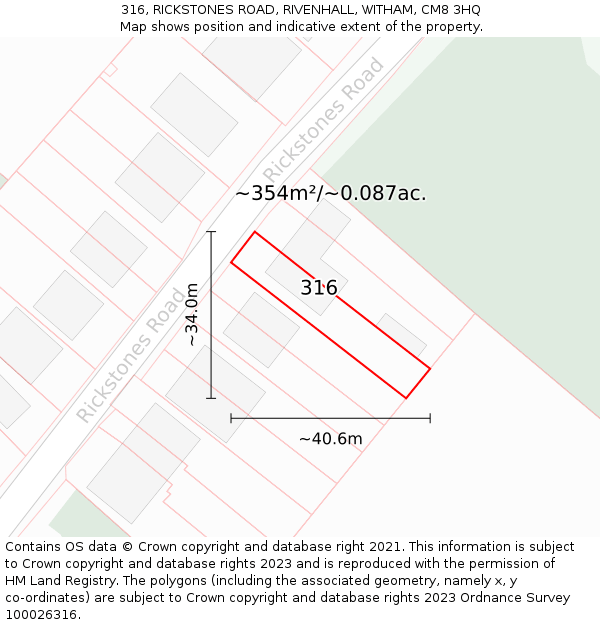 316, RICKSTONES ROAD, RIVENHALL, WITHAM, CM8 3HQ: Plot and title map