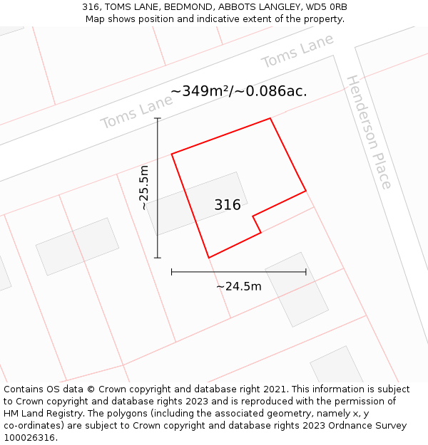 316, TOMS LANE, BEDMOND, ABBOTS LANGLEY, WD5 0RB: Plot and title map