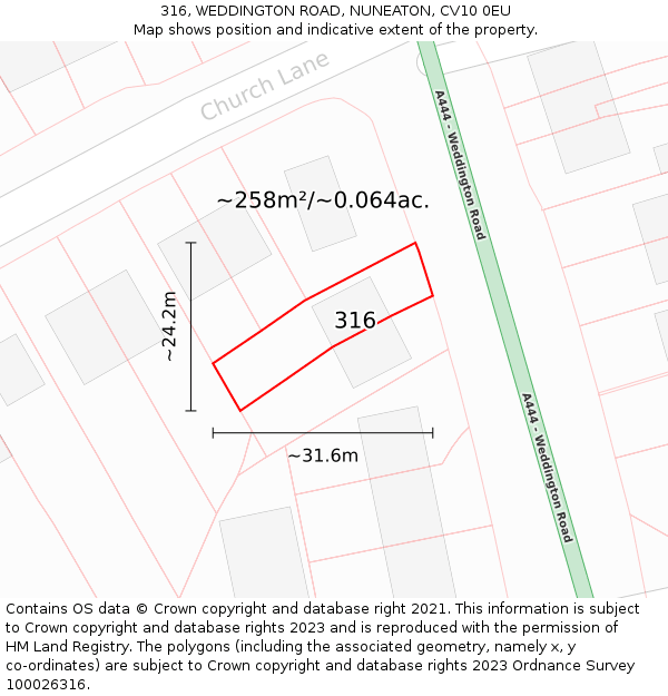 316, WEDDINGTON ROAD, NUNEATON, CV10 0EU: Plot and title map