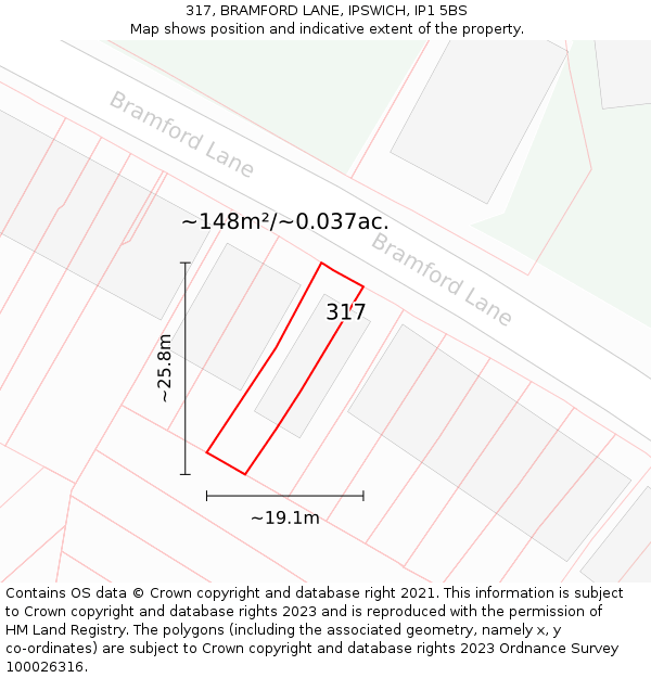 317, BRAMFORD LANE, IPSWICH, IP1 5BS: Plot and title map