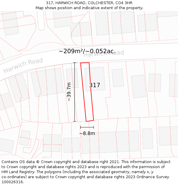 317, HARWICH ROAD, COLCHESTER, CO4 3HR: Plot and title map