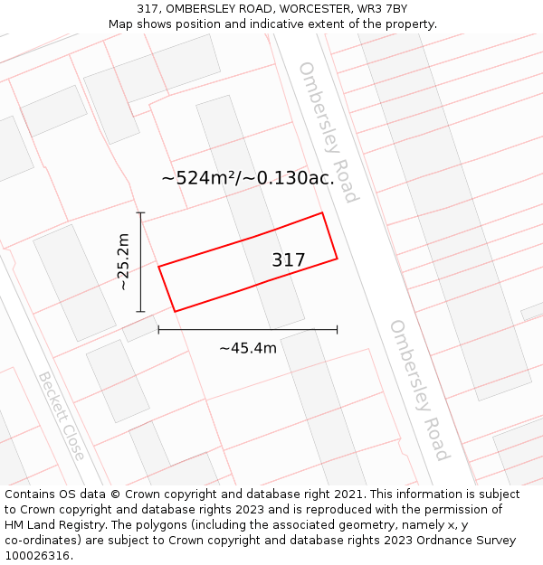 317, OMBERSLEY ROAD, WORCESTER, WR3 7BY: Plot and title map