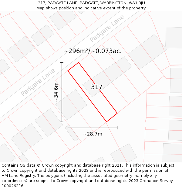 317, PADGATE LANE, PADGATE, WARRINGTON, WA1 3JU: Plot and title map