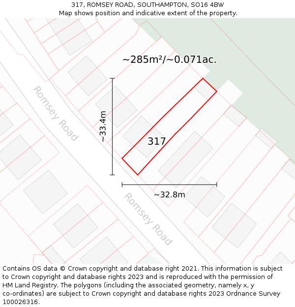 317, ROMSEY ROAD, SOUTHAMPTON, SO16 4BW: Plot and title map