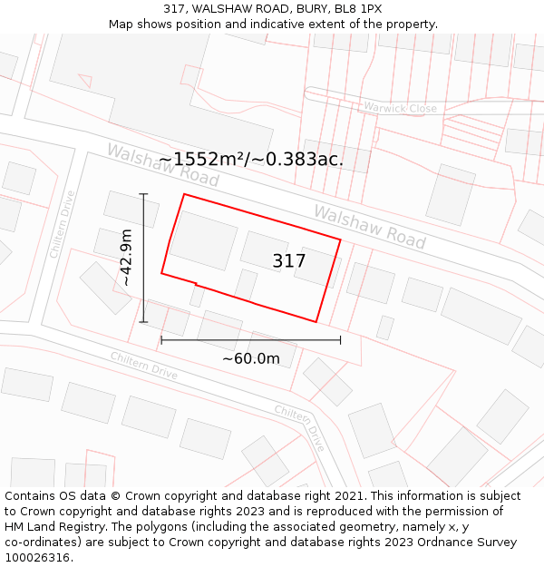 317, WALSHAW ROAD, BURY, BL8 1PX: Plot and title map