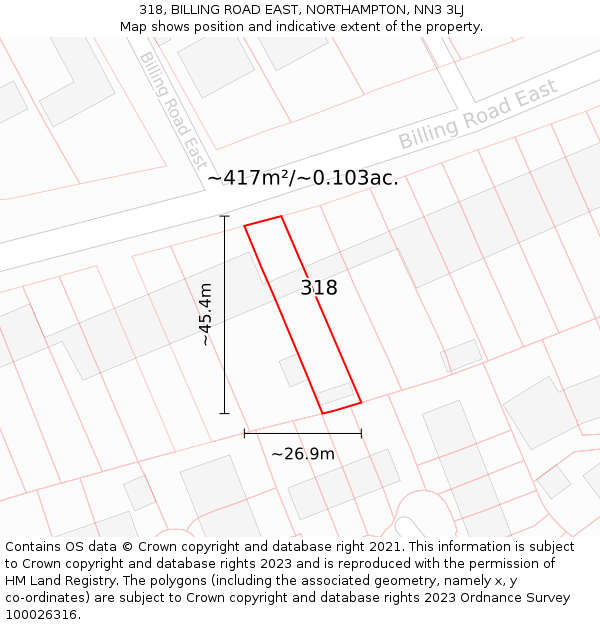 318, BILLING ROAD EAST, NORTHAMPTON, NN3 3LJ: Plot and title map