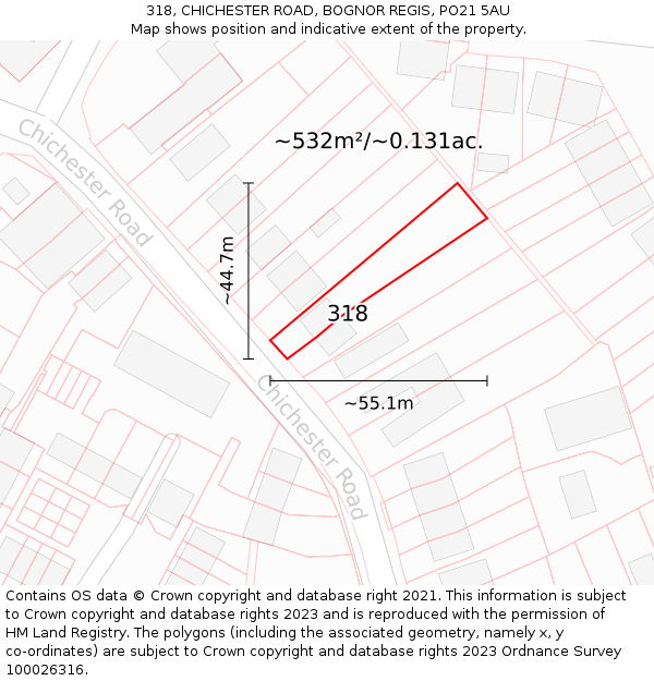 318, CHICHESTER ROAD, BOGNOR REGIS, PO21 5AU: Plot and title map