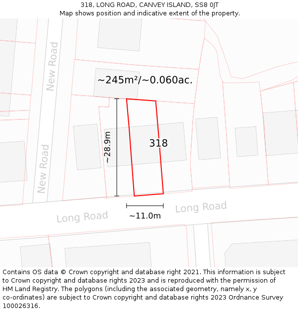 318, LONG ROAD, CANVEY ISLAND, SS8 0JT: Plot and title map