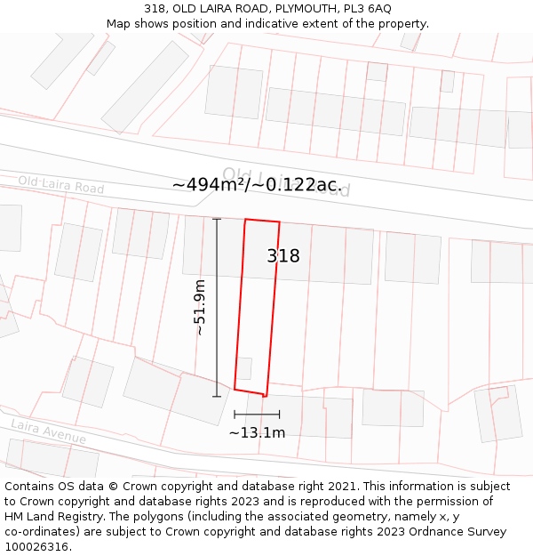 318, OLD LAIRA ROAD, PLYMOUTH, PL3 6AQ: Plot and title map