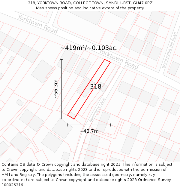 318, YORKTOWN ROAD, COLLEGE TOWN, SANDHURST, GU47 0PZ: Plot and title map