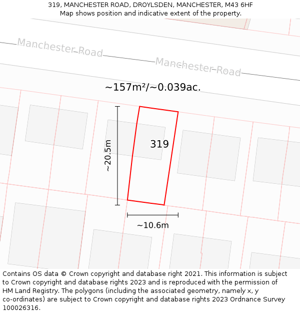 319, MANCHESTER ROAD, DROYLSDEN, MANCHESTER, M43 6HF: Plot and title map