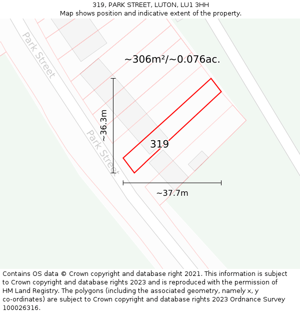 319, PARK STREET, LUTON, LU1 3HH: Plot and title map