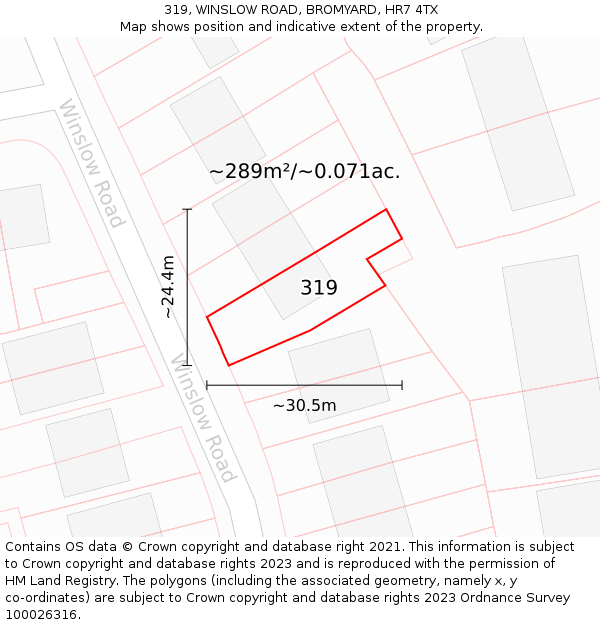 319, WINSLOW ROAD, BROMYARD, HR7 4TX: Plot and title map