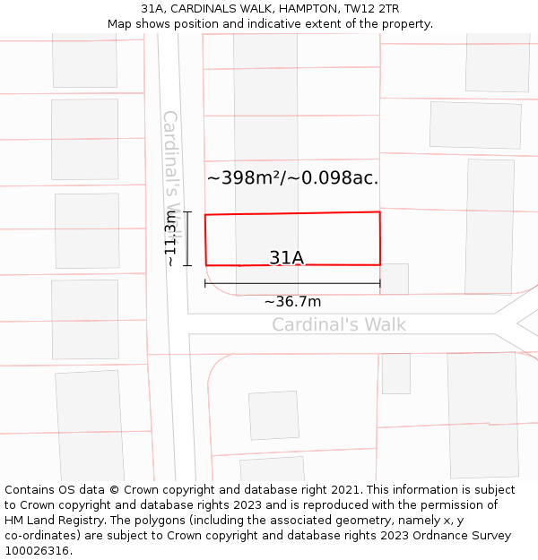 31A, CARDINALS WALK, HAMPTON, TW12 2TR: Plot and title map