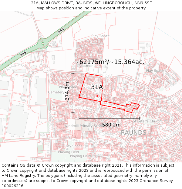 31A, MALLOWS DRIVE, RAUNDS, WELLINGBOROUGH, NN9 6SE: Plot and title map
