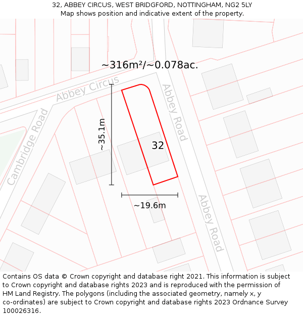 32, ABBEY CIRCUS, WEST BRIDGFORD, NOTTINGHAM, NG2 5LY: Plot and title map