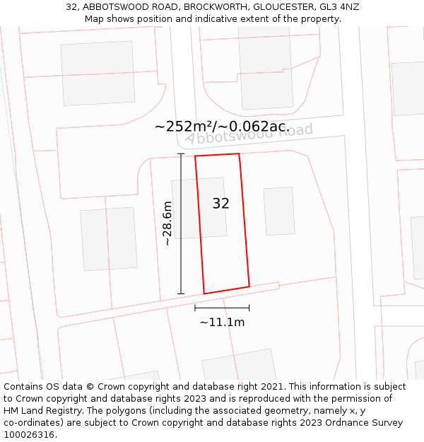 32, ABBOTSWOOD ROAD, BROCKWORTH, GLOUCESTER, GL3 4NZ: Plot and title map