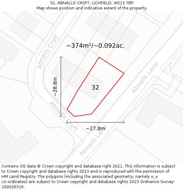 32, ABNALLS CROFT, LICHFIELD, WS13 7BP: Plot and title map