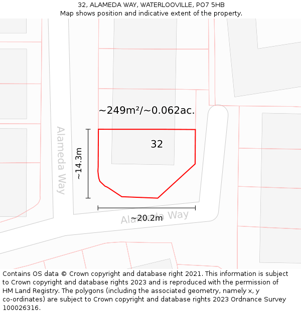 32, ALAMEDA WAY, WATERLOOVILLE, PO7 5HB: Plot and title map