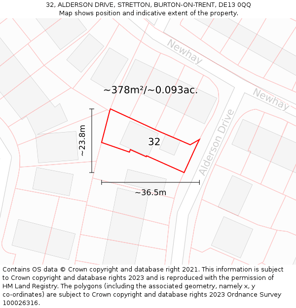 32, ALDERSON DRIVE, STRETTON, BURTON-ON-TRENT, DE13 0QQ: Plot and title map