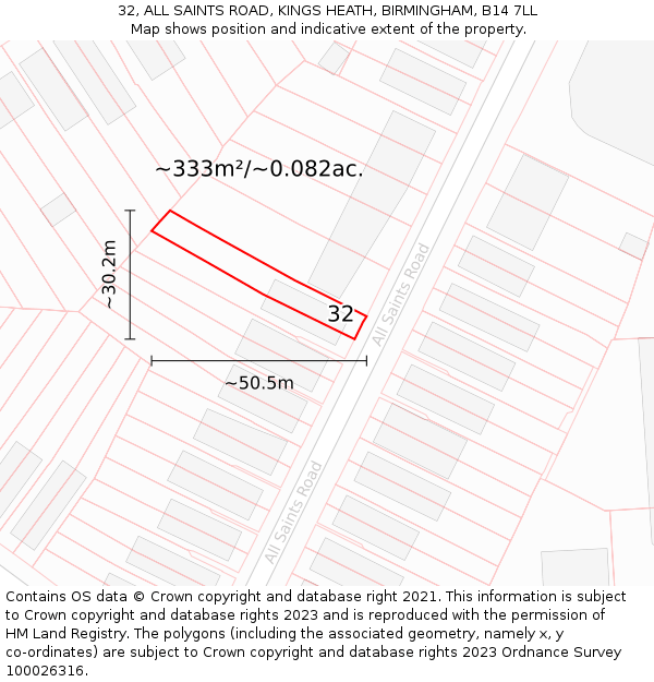 32, ALL SAINTS ROAD, KINGS HEATH, BIRMINGHAM, B14 7LL: Plot and title map