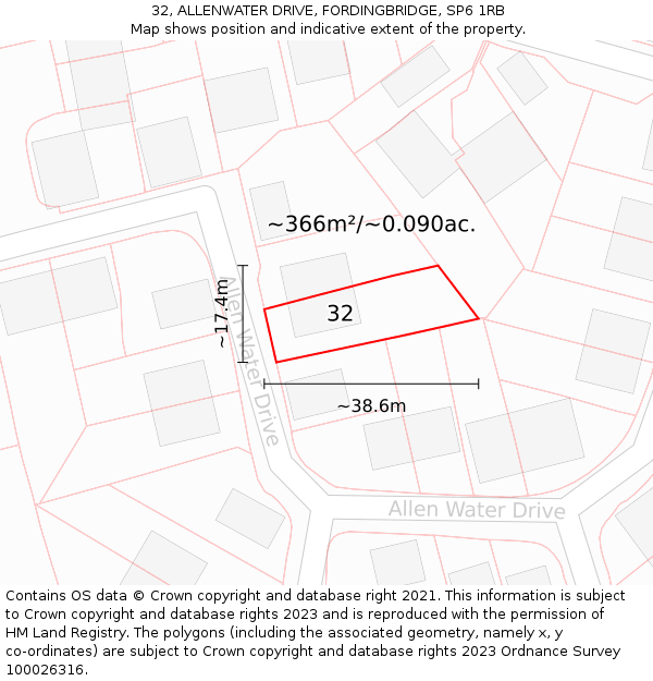 32, ALLENWATER DRIVE, FORDINGBRIDGE, SP6 1RB: Plot and title map