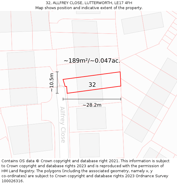 32, ALLFREY CLOSE, LUTTERWORTH, LE17 4FH: Plot and title map