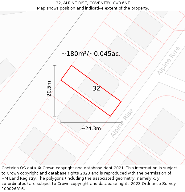 32, ALPINE RISE, COVENTRY, CV3 6NT: Plot and title map