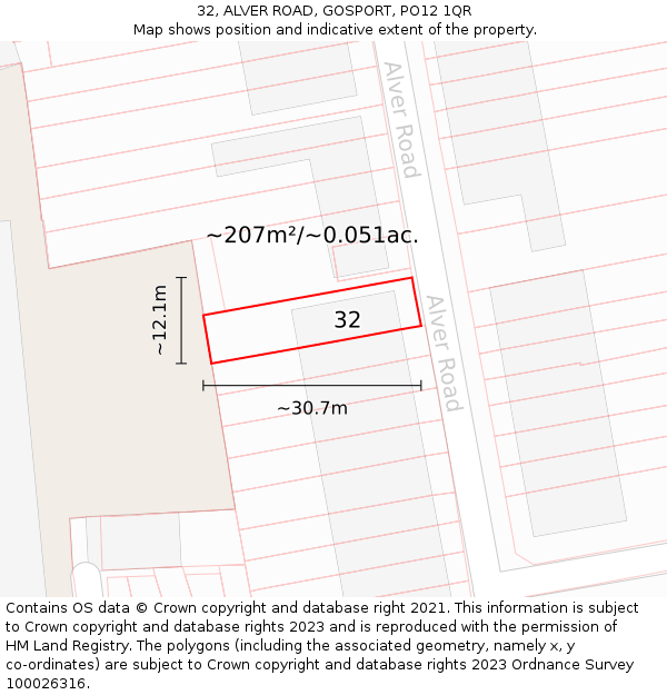 32, ALVER ROAD, GOSPORT, PO12 1QR: Plot and title map