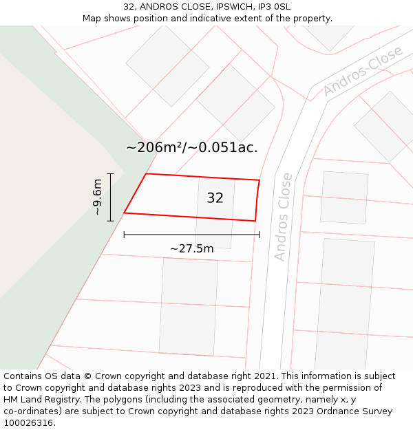 32, ANDROS CLOSE, IPSWICH, IP3 0SL: Plot and title map