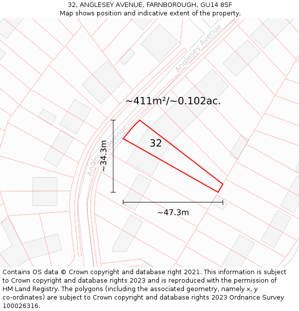 32, ANGLESEY AVENUE, FARNBOROUGH, GU14 8SF: Plot and title map