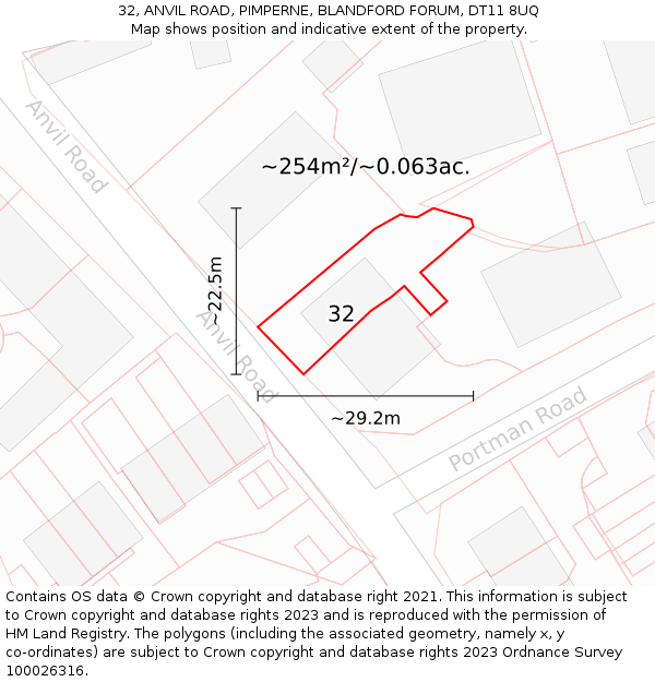 32, ANVIL ROAD, PIMPERNE, BLANDFORD FORUM, DT11 8UQ: Plot and title map