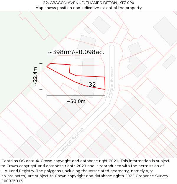 32, ARAGON AVENUE, THAMES DITTON, KT7 0PX: Plot and title map