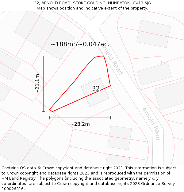 32, ARNOLD ROAD, STOKE GOLDING, NUNEATON, CV13 6JG: Plot and title map