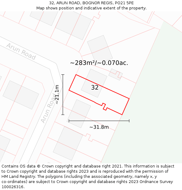 32, ARUN ROAD, BOGNOR REGIS, PO21 5PE: Plot and title map