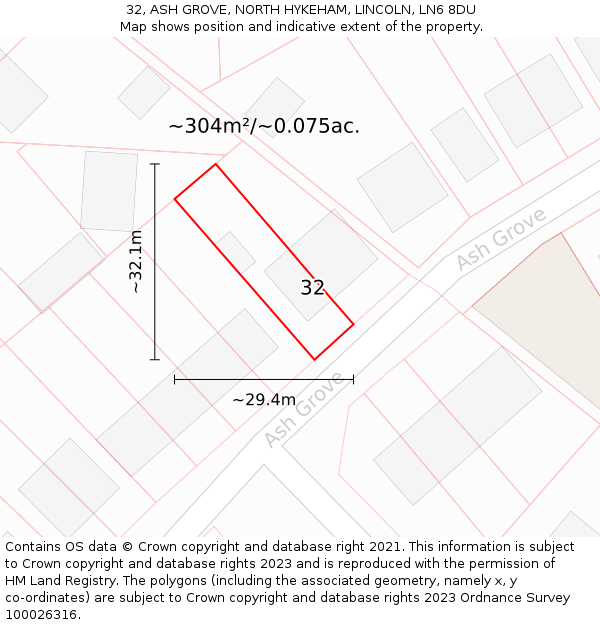 32, ASH GROVE, NORTH HYKEHAM, LINCOLN, LN6 8DU: Plot and title map