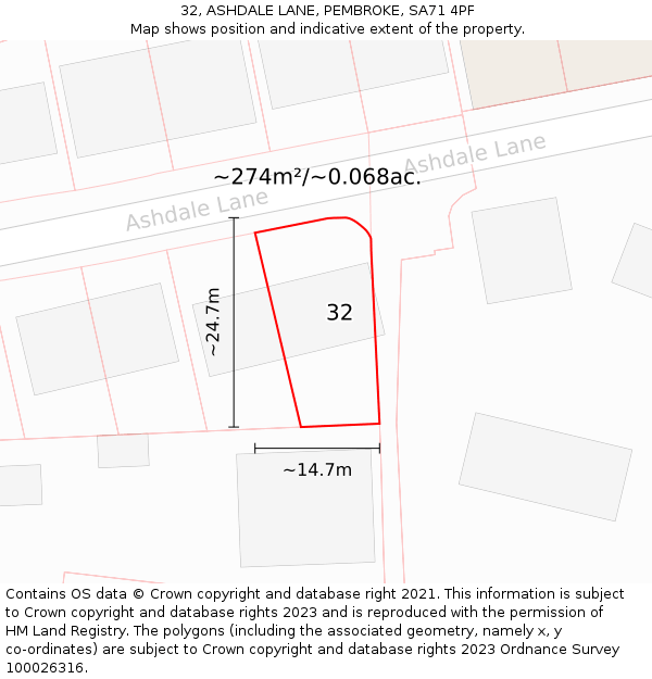 32, ASHDALE LANE, PEMBROKE, SA71 4PF: Plot and title map