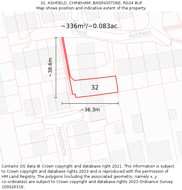 32, ASHFIELD, CHINEHAM, BASINGSTOKE, RG24 8UF: Plot and title map