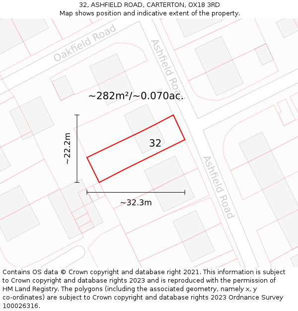 32, ASHFIELD ROAD, CARTERTON, OX18 3RD: Plot and title map