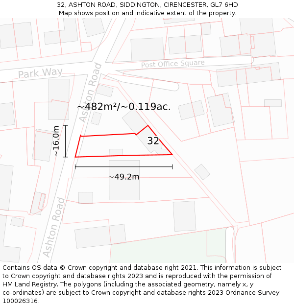 32, ASHTON ROAD, SIDDINGTON, CIRENCESTER, GL7 6HD: Plot and title map