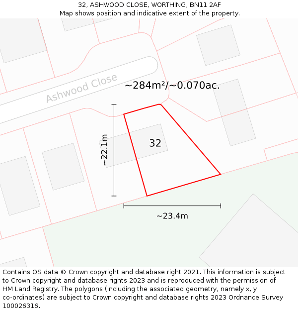 32, ASHWOOD CLOSE, WORTHING, BN11 2AF: Plot and title map