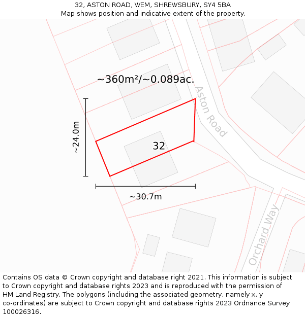 32, ASTON ROAD, WEM, SHREWSBURY, SY4 5BA: Plot and title map