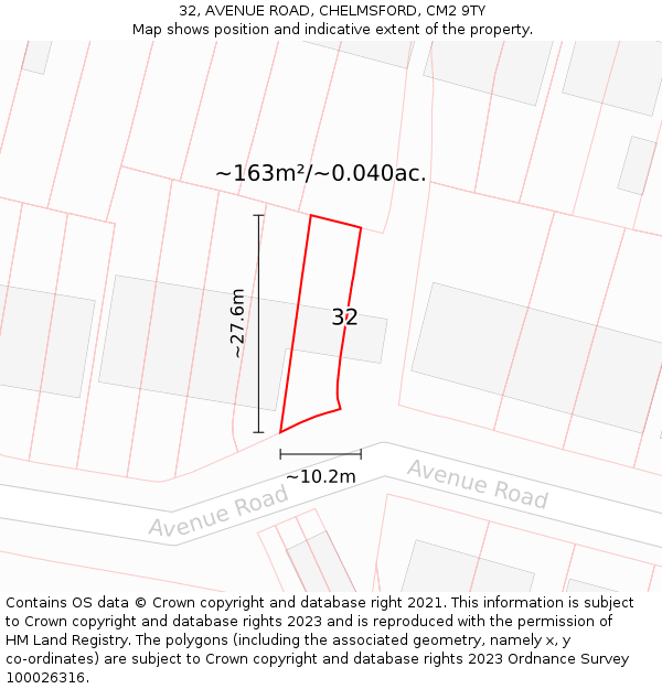 32, AVENUE ROAD, CHELMSFORD, CM2 9TY: Plot and title map