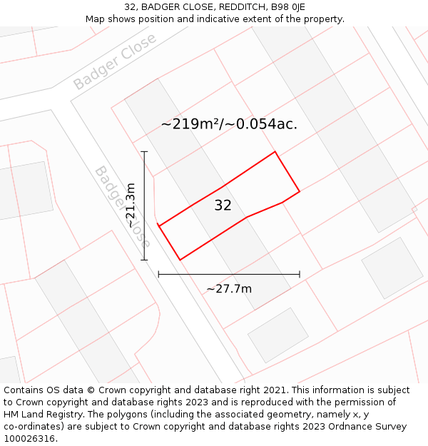 32, BADGER CLOSE, REDDITCH, B98 0JE: Plot and title map