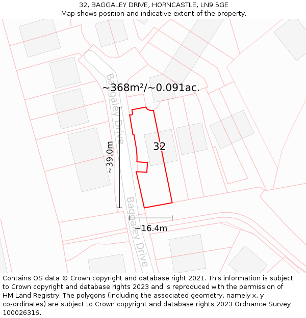 32, BAGGALEY DRIVE, HORNCASTLE, LN9 5GE: Plot and title map