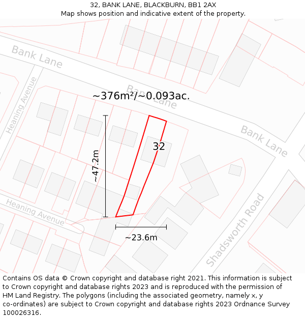 32, BANK LANE, BLACKBURN, BB1 2AX: Plot and title map
